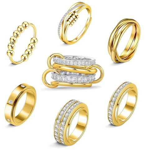 LOFITOR 7 Stück Anti Stress Fidget Ringe Anxiety ADHS Ring Set für Damen | Gold Silber Drehbare Spinner Anti Angst Swivel Ringe Aus Edelstahl Für Damen Und Herren Mit Zirkonia, Mond, Kreuz