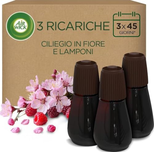 Air Wick Essential Mist - 3 recambios para ambientador difusor de aceites esenciales con aroma a flor de cerezo y frambuesa infusionado con 2 veces más aceites esenciales
