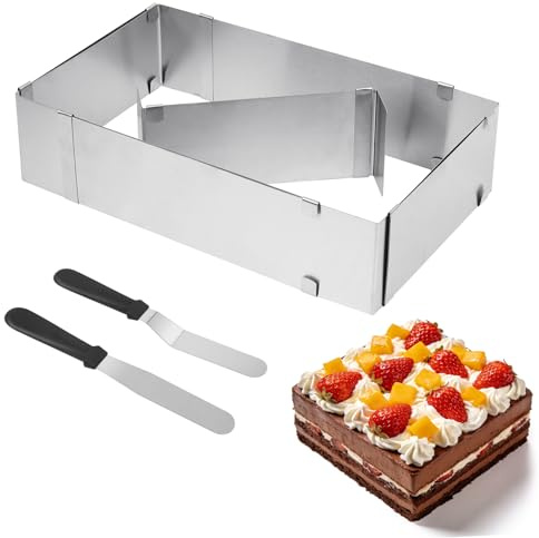 Adjustable Rectangle Cake Ring Set 27.7 x 18 cm Extendable Cake Tin Expandable to 52 x 33 cm Stainless Steel Baking Frame with Divider & 2 Spatulas for Desserts Pies Pizza Baking(8 cm Height)