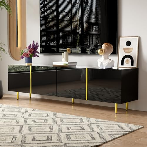 VIEKOS Mueble de TV negro brillante con 4 puertas, moderno y sencillo, color negro y dorado