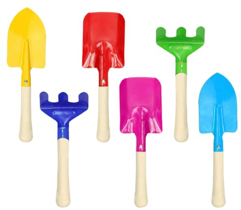 YIPFEN Kit de jardinería infantil de 6 piezas con pala, rastrillo y azada de metal y madera para jardín, balcón, terraza y cajón de arena.