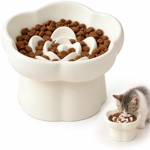 Slow Feeder Cat Bowl, Raised Ceramic Flower Shaped Elevated Cat Bowl | Anti Vomiting Design for Slow Eating & Healthy Diet, Suitable for Dry & Wet Food, Perfect for Daily Feeding (White)