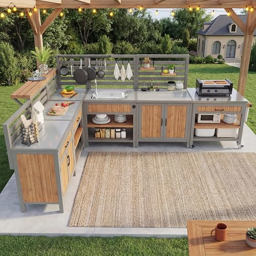 Idemon BBQ Beistelltisch, Beweglicher Gartenschrank, wetterfest, Arbeitsplatte aus Edelstahl, Outdoor Sideboard, Gartenschrank mit Wasserbecken & Wasserhahn integriertem Flaschenöffner