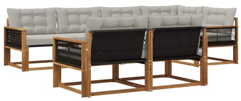 vidaXL Outdoor-Sofagarnitur mit Kissen 7 pcs Natürlich und Hellgrau, Garten-Sofa, modernes Outdoor-Möbel, strapazierfähige Lounge, Sitzgruppe für Terrasse und Komfort