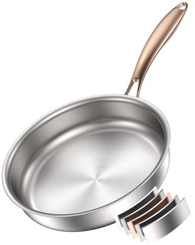 Akaice Edelstahlpfanne 26cm, 18/10 Edelstahl Bratpfanne unbeschichtet | Roségoldgriff, ohne PTFE, PFOA, 5-Ply Titan, Für Gas, Elektro Induktion, Keramik Herd, Backofen, Geschirrspüler geeignet