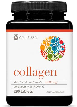 Youtheory Advanced Collagen - 6,000 mg Hydrolyzed Collagen Peptides - Includes Antioxidants & Contains Vitamin C - Hair Growth, Nails, Joint Health & Bone Support* - 290 Tablets (48-Day Supply)