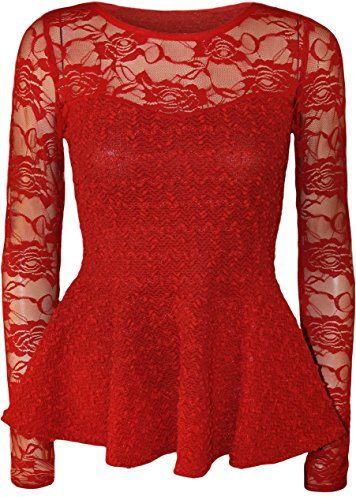 WearAll Womens Peplum Popcorn Lace Sequin Long Sleeve Ladies Bodycon Party Top - Red - 12-14