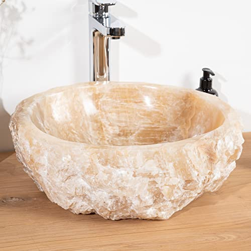 Wanda Collection - Vasque de Salle de Bain à Poser - Lave Mains Salle de Bain - Pierre Onyx - Beige - L (40-45) X l (32-40) X H.15 Centimètres