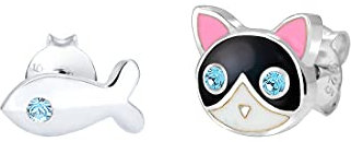 Elli Ohrringe Kinder Katze Fisch Verspielt mit Kristalle in 925 Sterling Silber