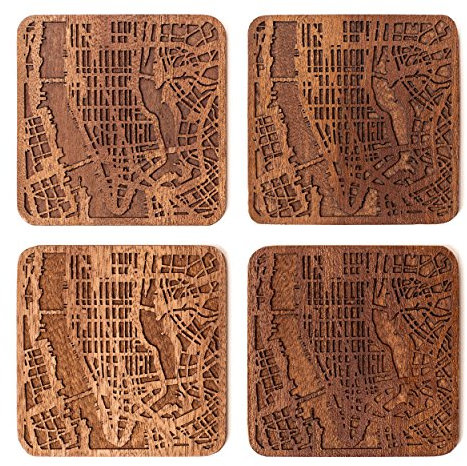 Manhattan, NY. Untersetzer mit Landkarte aus Sapeli-Holz, 4 Stück, mit Stadtkarte, mehrere Stadt optional, handgefertigt