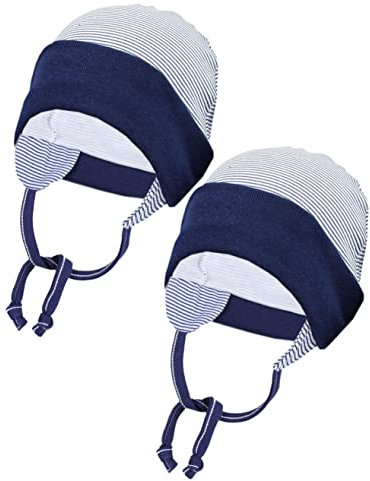 TupTam Baby Erstlingsmütze mit Ohrenklappen 2er Pack, Farbe: Streifenmuster Dunkelblau, Größe: 62-68