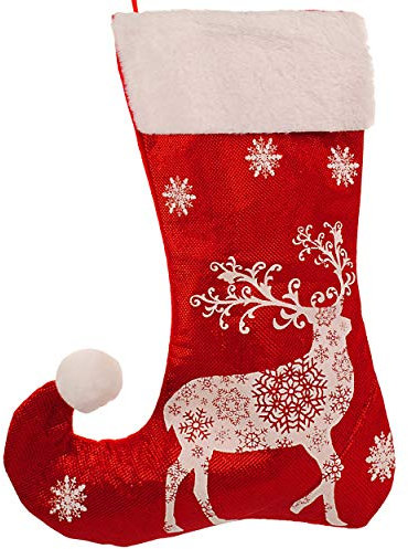 alles-meine.de GmbH 3D Glitzer Effekt XL - Weihnachtssocke & Weihnachtsstrumpf - Rentier/Elch - 45 cm - rot - weiß - zum Aufhängen - Nikolausstiefel - Nikolausstrumpf/Weihn..