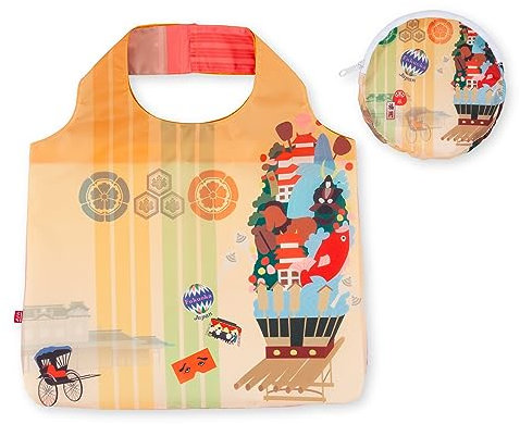 Japanische wiederverwendbare Einkaufstasche (Japonorama), Einkaufstasche, große Kapazität, faltbar, kompakt, mit Aufbewahrungstasche, bunte Tasche, FUKUOKA, Einheitsgröße