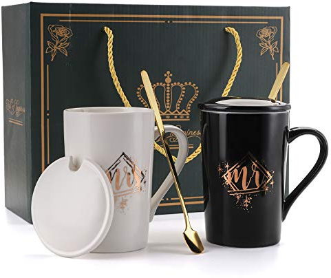 Cedilis 14oz/400ml Mr and Mrs Mugs, Ceramic Coffee Mugs Gift Set, Perfect Engagement, Wedding Gift for The Couple, Great Gift, Exquisite Box Package, B & W
