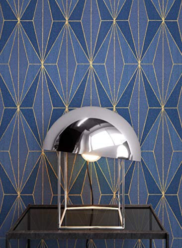 NEWROOM Tapete Blau Vliestapete Leicht Glänzend - Mustertapete Grafisch Gold Grafik Muster Grafiktapete Geometrisch inkl. Tapezier-Ratgeber