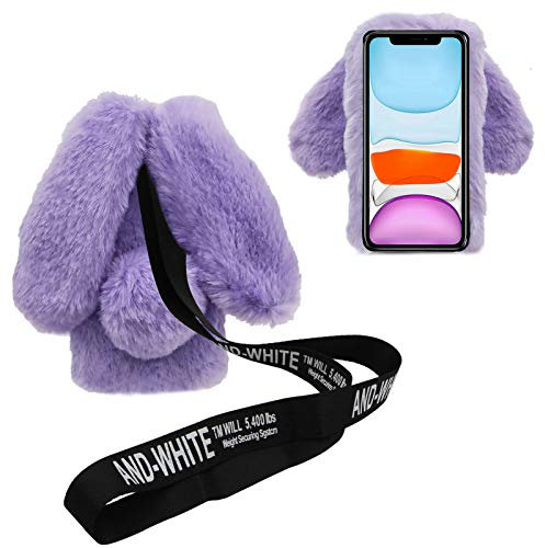 DasKAn 3D Hasenohren Plüsch Hülle für iPhone 5 / 5S / SE 2016 mit Umhängeband, Mädchen Frauen Handmade Glänzend Diamant Weich Warm Kaninchen Flauschig Fell Stoßfest Handy Schutzhülle, Lila