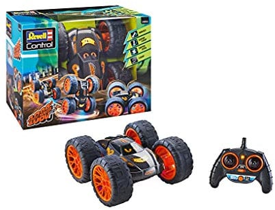 Revell Control 24554 RC Stunt Car Wheely Monster, auf Knopfdruck auch auf 2 Rädern fahrbar ferngesteuertes Auto, Schwarz/Orange, rund 25 cm lang