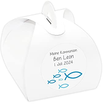 24 x Kartonagen + Aufkleber 'Fische' Gastgeschenke Set für Taufe, Kommunion, Konfirmation (personalisiert - blau)