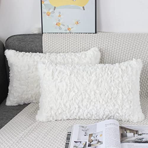 NIULAA Weich Plüsch Kissenbezug 30x50 2er Set Weiß Deko Kissenbezüge Pelz Flauschig Kissenhülle Luxus Zierkissen Sofakissen Kunstfell Kissen für Sofa Wohnzimmer Schlafzimmer