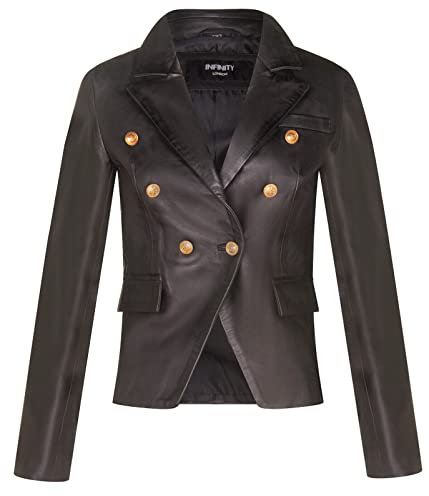 Ladies Black Real Leather Military Blazer Jacket 4XL