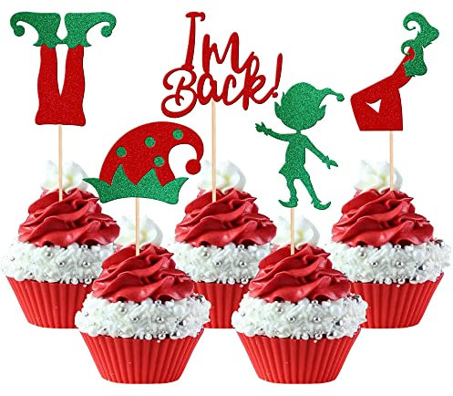 Xsstarmi 30 Pack Christmas Elf Cupcake Toppers Green Red Glitter Santa Hat I'm Back Elf Legs Cupcake Picks for Merry Christmas New Year Holiday Birthday Party Cake Decorations Supplies