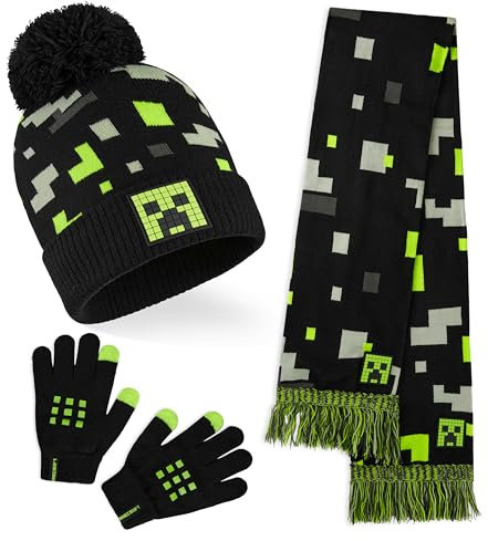 Minecraft Mütze Jungen, Schal und Handschuhe Kinder Sets, Creeper Strickmütze Winter Mütze Schal Handschuhe Set Kinder - Geschenke für Jungs (Schwarz/Grün, 4-7 Jahre)