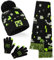 Minecraft Mütze Jungen, Schal und Handschuhe Kinder Sets, Creeper Strickmütze Winter Mütze Schal Handschuhe Set Kinder - Geschenke für Jungs (Schwarz/Grün, 4-7 Jahre)