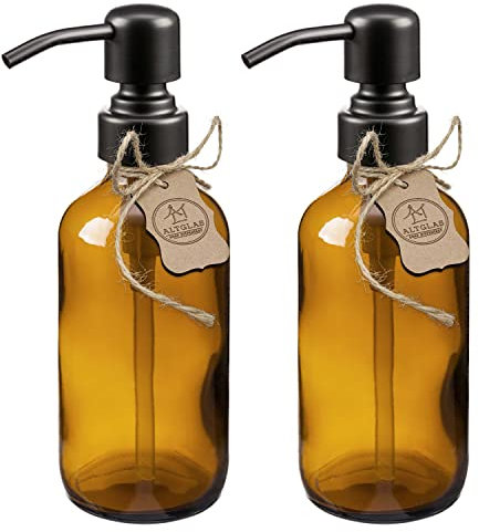 ALTGLAS Seifenspender 'Sarajevo' - Doppelspender Set aus Braun Glas Flasche mit 304 Edelstahl Pumpkopf in Matt-Schwarz (2 Stück a 250 ml)