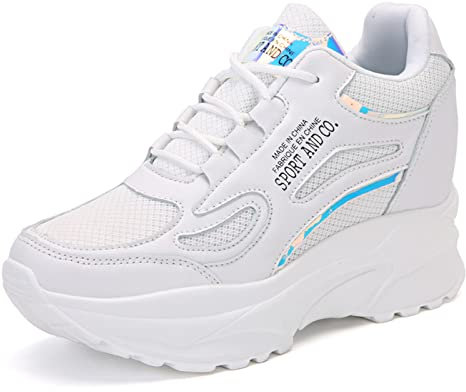 AONEGOLD Damen Sneaker mit Keilabsatz Atmungsaktiv Leicht Wedges Sportschuhe Bequeme Turnschuhe Mode Freizeitschuhe mit Keilabsatz 7.5CM(Weiß,Größe 38)