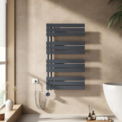 EMKE Seche Serviette Electrique 1041x600 mm, Porte-Serviettes Chauffant avec Thermostat, Chauffe Serviette Salle de Bain Anthracite 600W,Sèche Serviette électrique