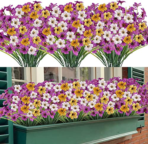 12 Bundles Outdoor Artificial Flowers Plants, Indoor Decorative Fake Flowers for Home Garden Wall Wedding Party, Outdoor UV Resistant Plants for Outside Planter Window Box (White Yellow Purple)