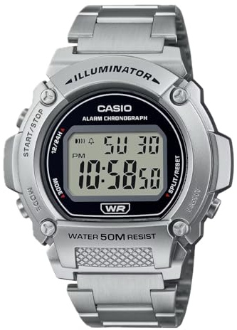 Casio W219HD Series | Men’s Digital Watch | Silver/Silver | 50M WR | LED Illuminator | 100 SEC Chronograph | 1/100 SEC Stopwatch | Daily Alarm | Hourly Time Signal | Auto Calendar | 7 Year Battery