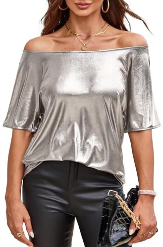VIDUSSA Glitzer Tops für Damen - Bluse Schulterfrei Kurzarm Elegant Party Oberteil Silber Large