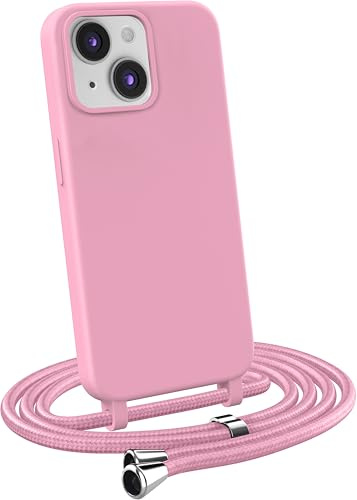 MyGadget Funda para iPhone 15 - Carcasa con Cuerda en Silicona TPU Suave con Cordón - Case y Correa Colgante Ajustable y Portátil - Rosa