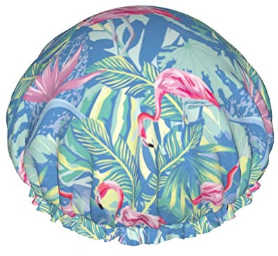 Pinker Flamingo-Duschhaube für Frauen, Schichten, Baden, Dusche, wiederverwendbar, elastisches Band, Stretch-Saum, Haarhut