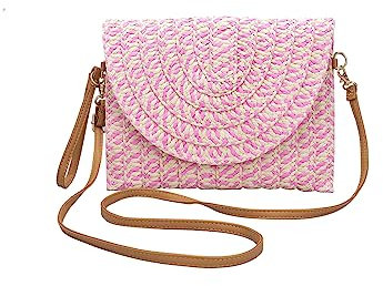 CORIOS Bolso de Paja de Mano para Mujer de Playa de Verano Tejido a Mano Bohemio Retro Bandolera Tote Estilo Boho para Viajes Vacaciones Rosa