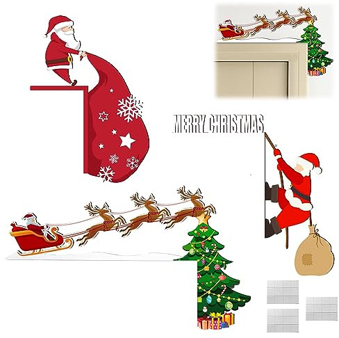 3 Stück Weihnachtsdeko Türrahmen-Aufkleber, Christmas Decorations für Türecke, Weihnachtsmann, Weihnachtsbaum und Elch, Weihnachten Dekoration für Wände Türen und Fenster (1)