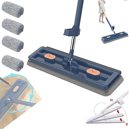 JJKTO Large Flat Mop, Self-Contained Dewatering Scraper Mop Squeeze Mop 360° Rotating with Super-Absorbent Fiber Pads and Wet and Dry Use,for Cleaning Garage Tile Concrete Mirror Windshield Bathroom
