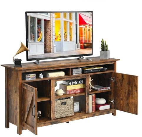 Multigot TV Cabinet for TVs up to 65”, Industrial Fireplace Stand Media Console Table with 4 Open Shelves & 2 Cabinets, Wooden TV Entertainment Center for Living Room, Bedroom