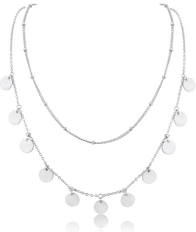LOLIAS Kette Gold Damen Layering Halskette Damen 18k Vergoldet Silber & Rosegold Wasserfest Lange Ketten mit Anhänger for Frauen Doppel Mehrreihige Zarte Goldene Kette Damen Rund Plättchen Schmuck