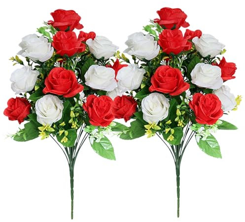 SHITOOMFE Flores de Cementerio, Flores de Cementerio 2 PPC de 20 Pulgadas Flores de tumbas 18 Rosas Flores Artificiales para la Tumba Realista Decoraciones de tumbas en Rojo y para el Cementerio