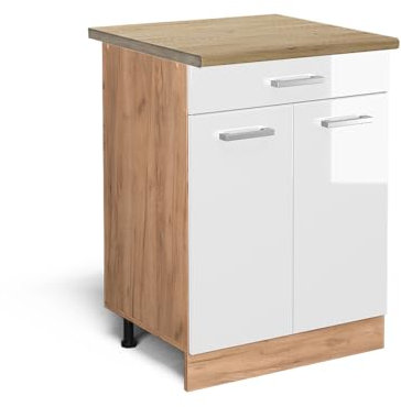 Vicco Küchenunterschrank R-Line, Weiß Hochglanz/Goldkraft Eiche, 60 cm mit Schublade, AP Eiche