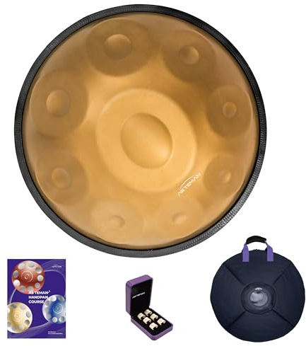 ASTEMAN D-Moll Handpan, 18 Zoll, mit 9 Noten, inklusive Rucksack, Kurs, Fingerpicks, Ständer, Reinigungstuch und zwei Schlägel. (Gold, 432hz)