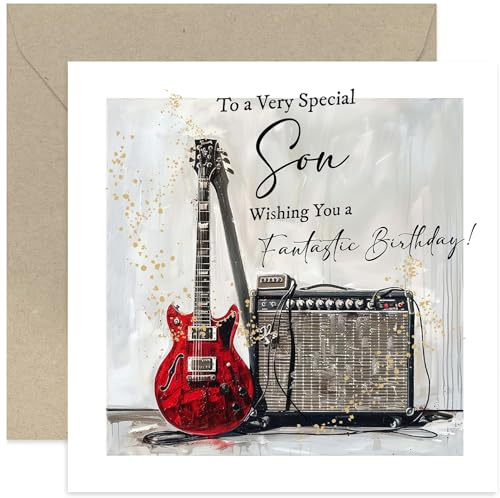 Geburtstagskarte für Männer – E-Gitarre, musikalische Geburtstagskarte für Sohn, Rock-n-Roll-Geburtstagskarte, Geschenk für ihn, männliche Familie, blanko Innenseite