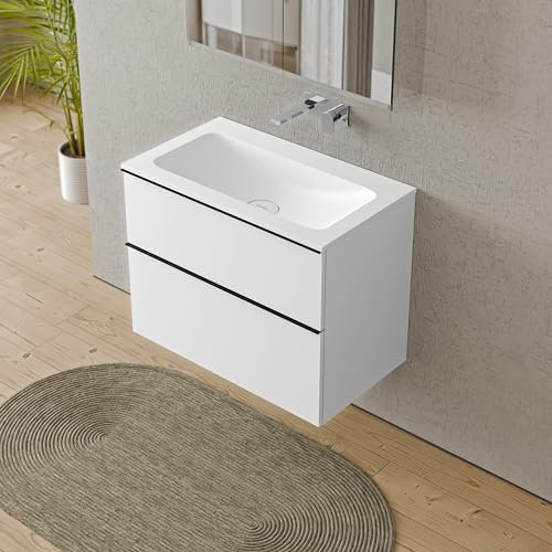 BERNSTEIN Badmöbel-Set Lavoa, Waschtisch-Unterschrank mit Waschbecken 80cm in Weiß matt - CREAM - Weiß matt ohne Hahnloch - 2 Schubladen, Griffe in Schwarz, vormontiert, 5 Jahre Garantie