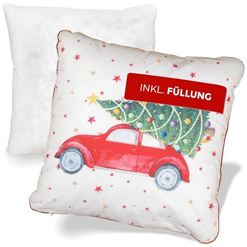 NOAH VERDE Zierkissen-Weihnachten VW Käfer, Kissen 45x45, Winter Deko Kissen, Schlafzimmer Deko, Dekokissen mit Füllung und Bezug, Winter-Kissen, Landhausstil Deko, Geschenk Freundin, Kissenbezüge