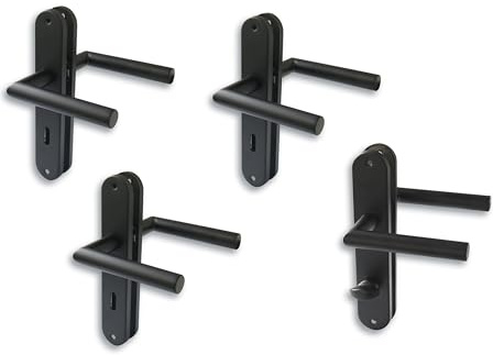 Langschildgarnitur Türbeschlag im 4er Set, Edelstahl schwarz für 3 Zimmertüren mit Buntbartlochung und 1 Bad-WC-Tür, Türklinke, Türgriff