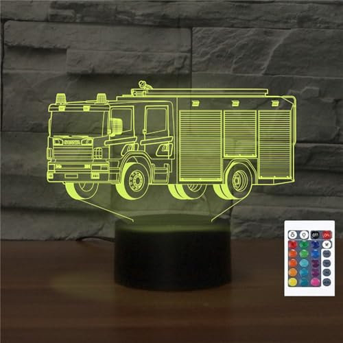 FLRXHK Feuerwehrauto 3D-Illusions-Nachtlicht, Touch-Tischlampe mit Fernbedienung, 16 Farben, optisches USB-LED-Nachtlicht für Kinder, Geschenk, Raumdekoration