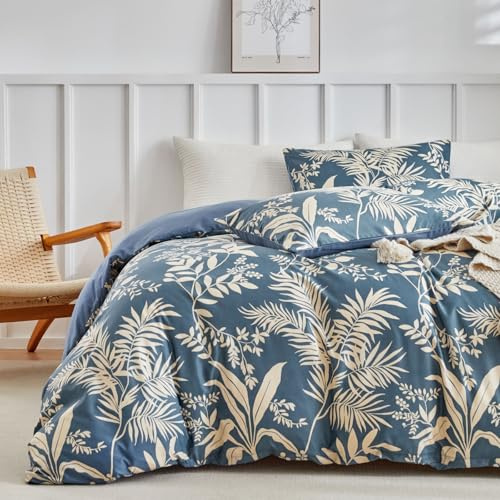 Lekesky King Size Duvet Cover Sets Navy Blue Bedding, Botanical Leaf Print Bedding Sets King Size (1x Quilt Cover, 2x Pillowcases) Soft Microfibre Blue Duvet Cover 230x220 cm,