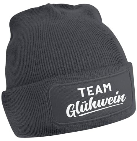 MoonWorks® Damen Beanie mit Patch Strickmütze mit Spruch Team Glühwein Damenmütze Weihnachtsmarkt Outfit dunkelgrau Unisize
